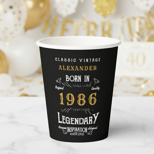 Gobelets En Papier 40th Birthday 1986 Legendary Retro (1986 birthday black paper cup on a white and gold background.)