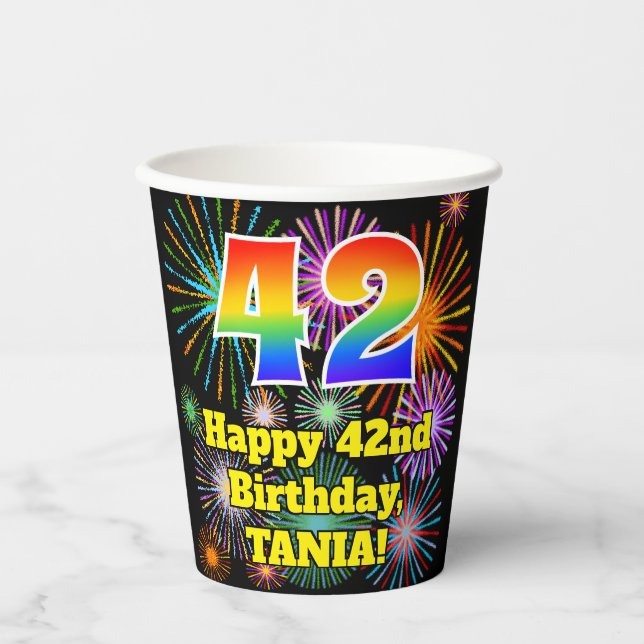 Gobelets En Papier 42e anniversaire : Fun Fireworks Motif + Rainbow 4 (Recto)