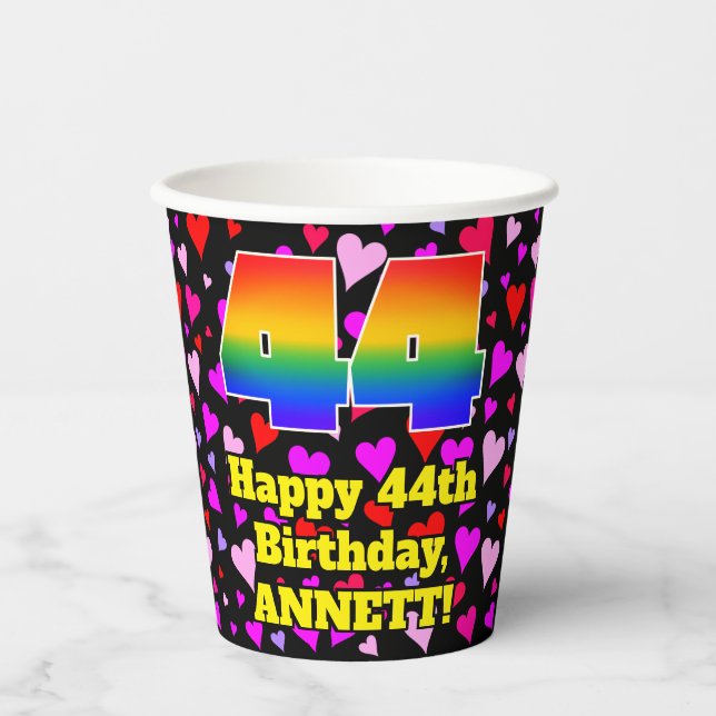 Gobelets En Papier 44e anniversaire : Amour Hearts Motif, Arc-en-ciel (Recto)