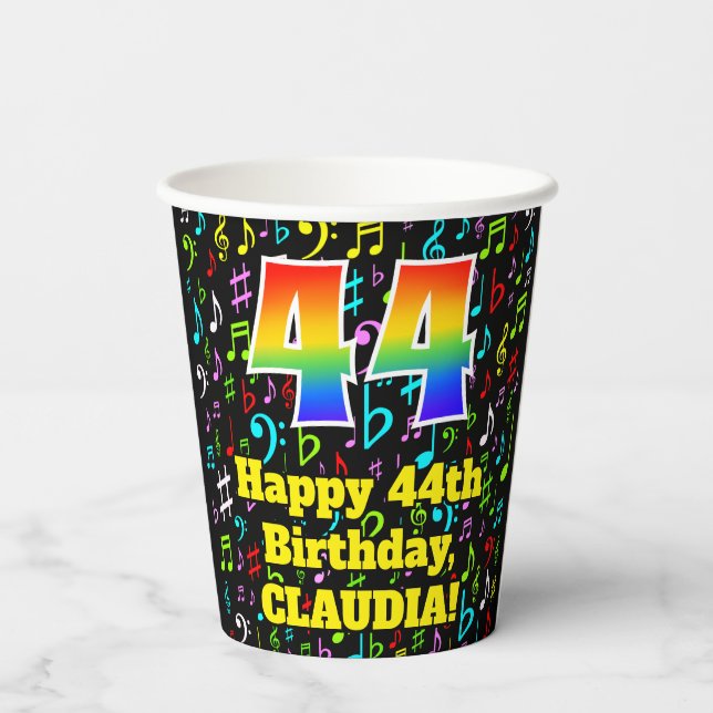 Gobelets En Papier 44e anniversaire : Fun Music Notes Motif, Rainbow  (Verso)