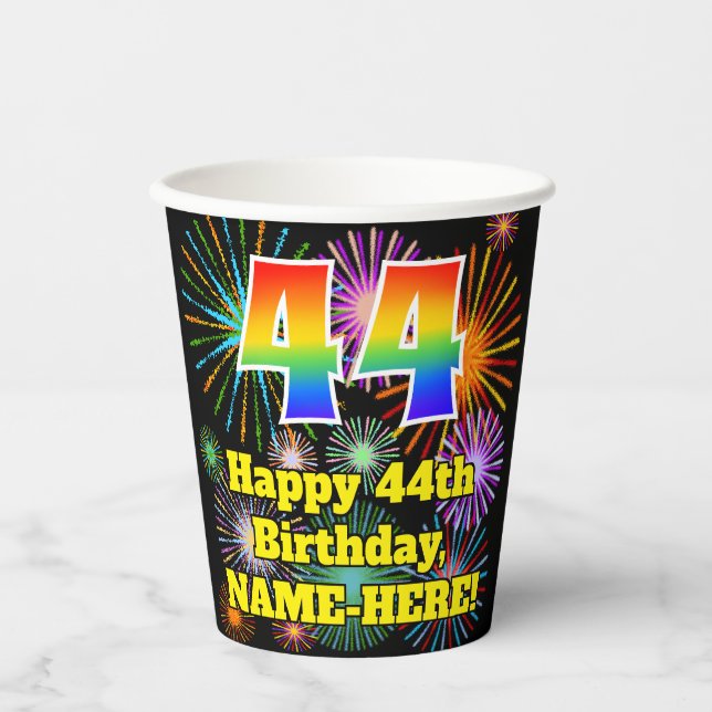 Gobelets En Papier 44ème anniversaire : Fun Fireworks Motif + Rainbow (Recto)