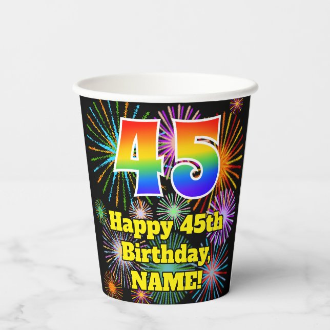 Gobelets En Papier 45ème anniversaire : Fun Fireworks Motif + Rainbow (Verso)