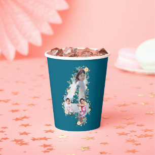 Gobelets En Papier 4e anniversaire Photo Collage bleu Fleur jaune Tur