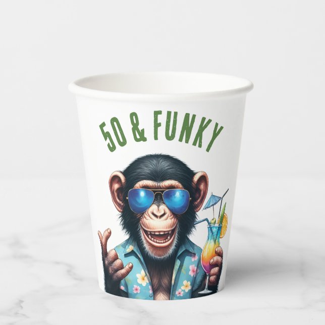 Gobelets En Papier 50 et Singe Funky Anniversaire 50 ans (Recto)