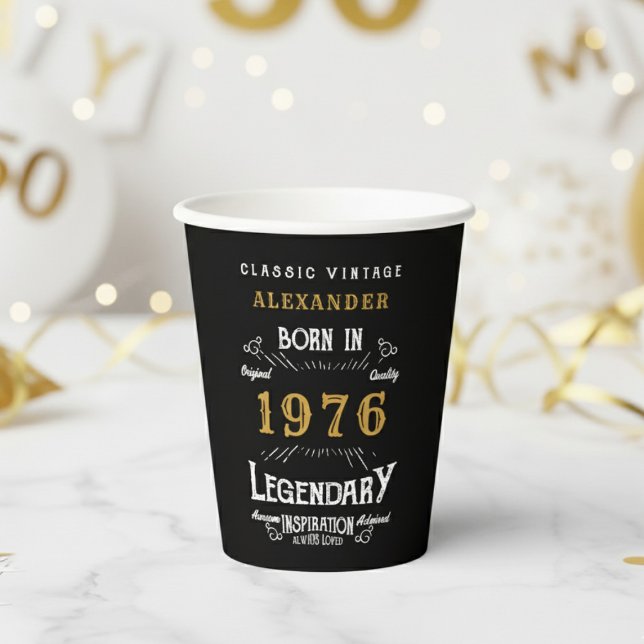 Gobelets En Papier 50e Anniversaire 1976 Legend Retro (1976 birthday black paper cup on white and gold background.)
