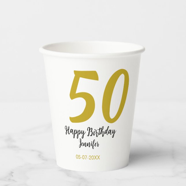 Gobelets En Papier 50e anniversaire ajouter nom date année noire modè (Recto)