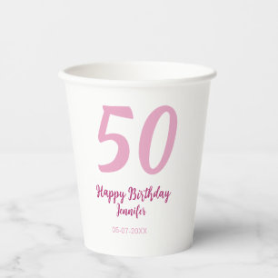 Gobelets En Papier 50e anniversaire ajouter nom date année rose rouge