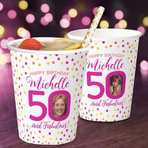Gobelets En Papier 50e anniversaire confetti jaune rose deux photos