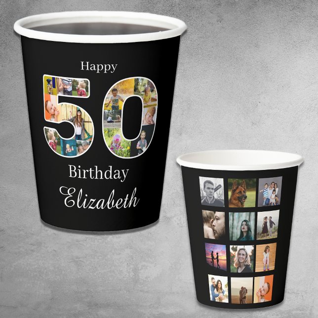 Gobelets En Papier 50e anniversaire Créez votre propre photo multipho (50th birthday photo template paper cups.)