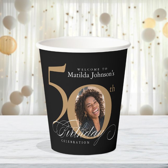 Gobelets En Papier 50e anniversaire Gold Black Calligraphy Photo pers (50th Birthday Gold Black Calligraphy Custom Photo Paper Cups)
