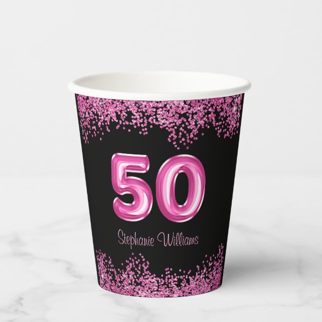 Gobelets En Papier 50e anniversaire Hot Pink Balloons Parties scintil (Recto)