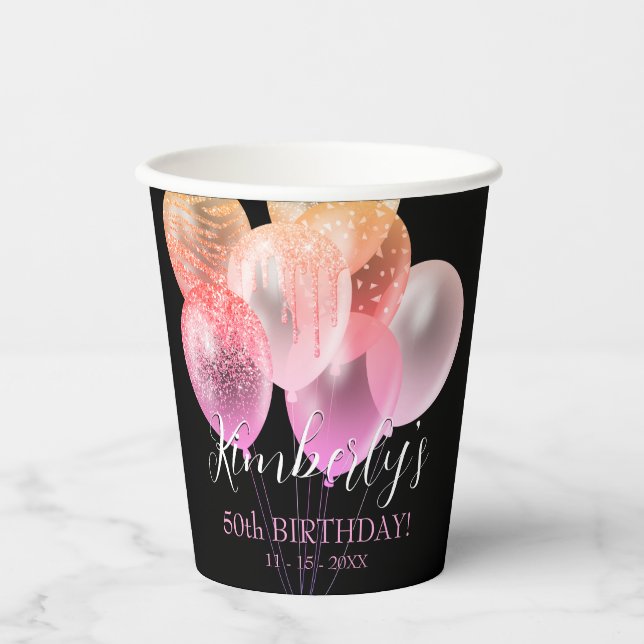 Gobelets En Papier 50e anniversaire, Parties scintillant rose Ballons (Recto)