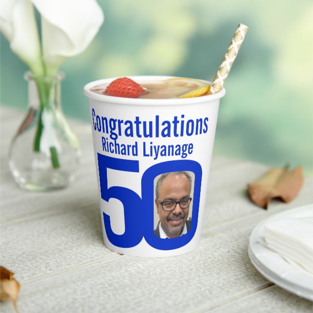 Gobelets En Papier 50e anniversaire personnalisé deux photo blanc tex (Insitu)