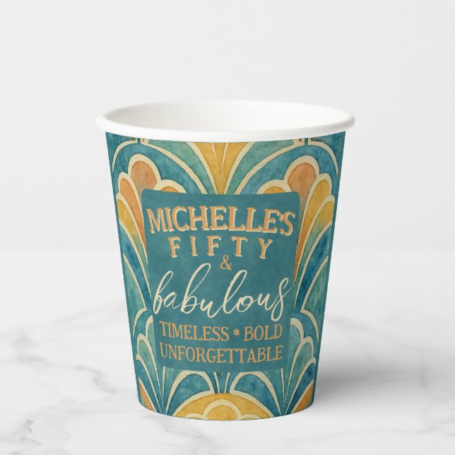 Gobelets En Papier 50e anniversaire Turquoise et Gold Art déco Coupe (Recto)
