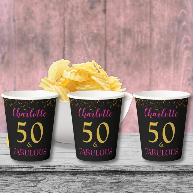 Gobelets En Papier 50e fête d'anniversaire Black Pink Gold Personnali (Stylish 50 & fabulous pink black and gold 50th birthday party custom name paper cups)