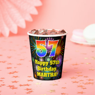 Gobelets En Papier 57e anniversaire : Motif Fun Fireworks + Arc-en-ci