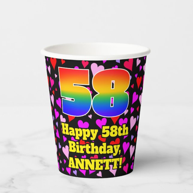 Gobelets En Papier 58e Birthday: Patters de Loving Hearts, Rainbow 58 (Recto)