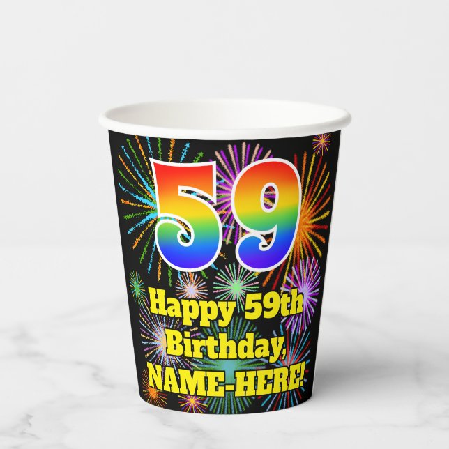 Gobelets En Papier 59e anniversaire : Fun Fireworks Motif + Rainbow 5 (Verso)