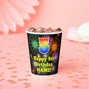 Gobelets En Papier 5e anniversaire : Fun Motif Fireworks + Rainbow 5