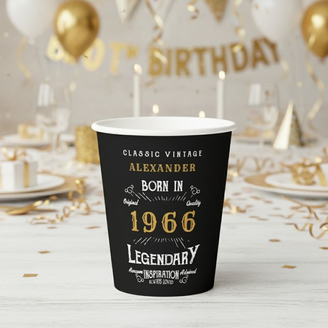 Gobelets En Papier 60e Anniversaire 1966 Legend Retro (1966 birthday black paper cup on a white and gold background.)
