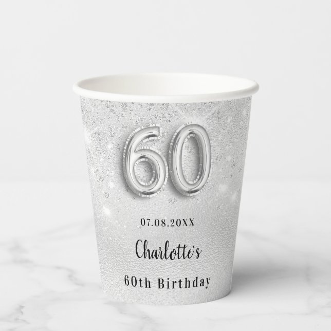 Gobelets En Papier 60e anniversaire argent nom de la parties scintill (Verso)