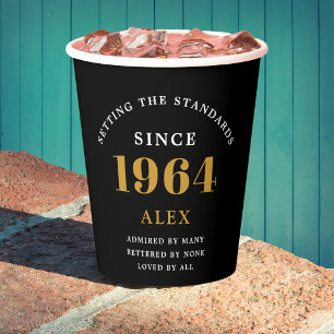 Gobelets En Papier 60e anniversaire Nom 1964 Black Gold Elegant Chic