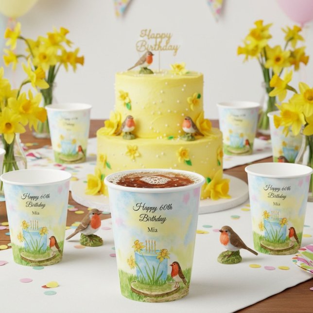 Gobelets En Papier 60th Birthday Robin with Daffodil Cake (Créateur téléchargé)