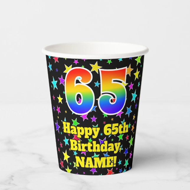 Gobelets En Papier 65e anniversaire : Fun Stars Motif et Rainbow 65 (Verso)