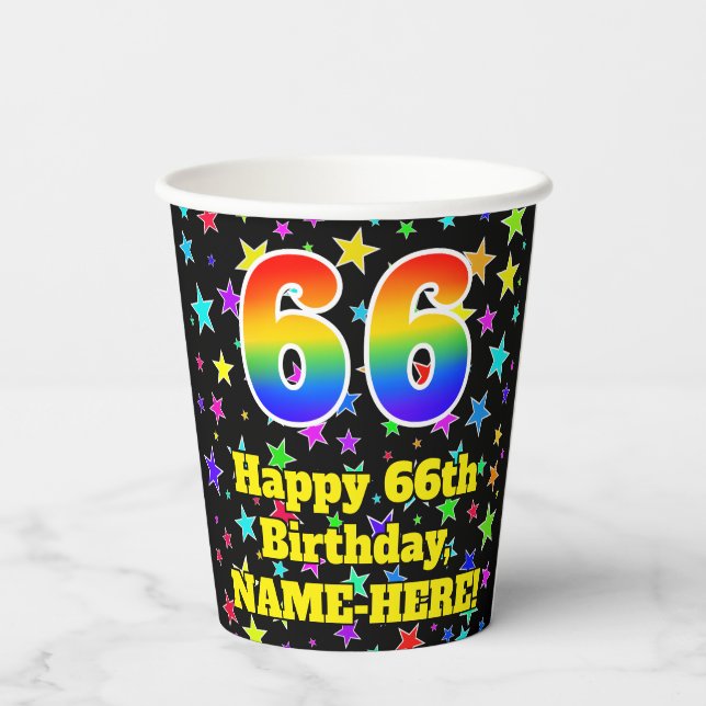 Gobelets En Papier 66e anniversaire : Fun Stars Motif et Rainbow 66 (Verso)