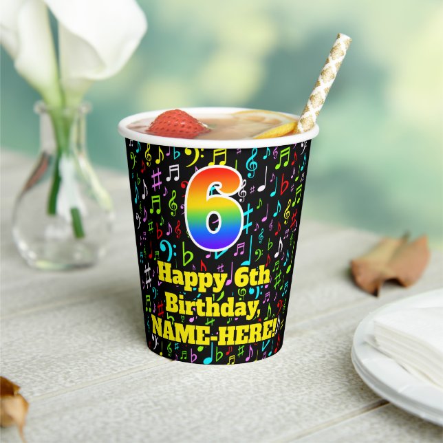 Gobelets En Papier 6e anniversaire : Fun Music Notes Motif, Rainbow 6 (Insitu)