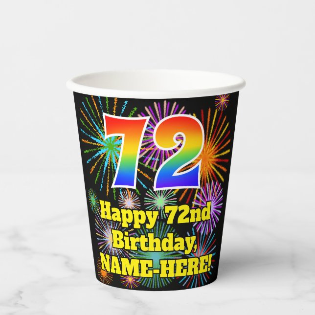 Gobelets En Papier 72e anniversaire : Fun Motif Fireworks + Rainbow 7 (Recto)
