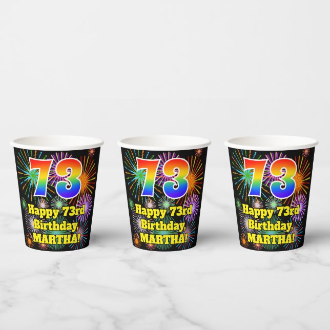 Gobelets En Papier 73e anniversaire : Fun Fireworks Motif + Rainbow 7 (Multi)