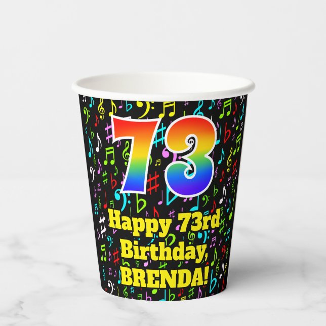 Gobelets En Papier 73e anniversaire : Fun Music Notes Motif, Rainbow  (Verso)