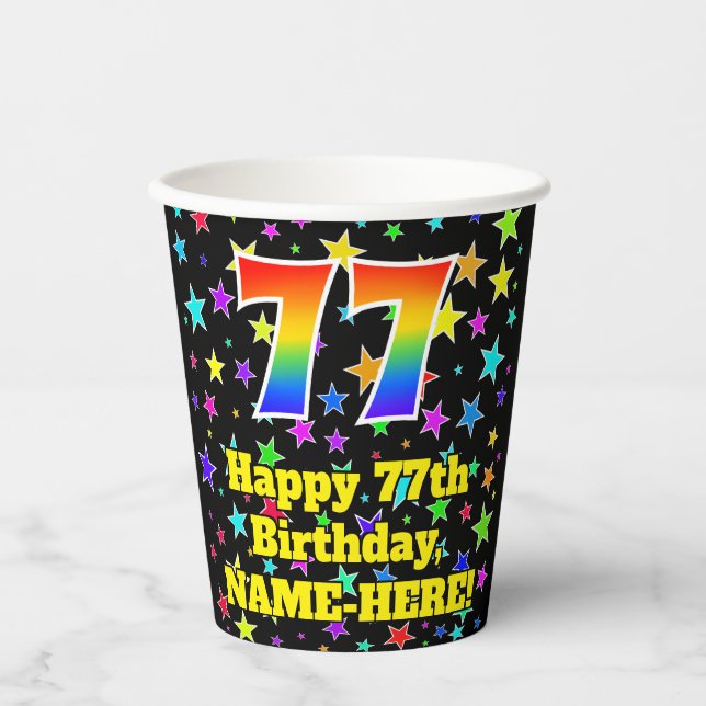 Gobelets En Papier 77e anniversaire : Fun Stars Motif et Rainbow 77 (Recto)