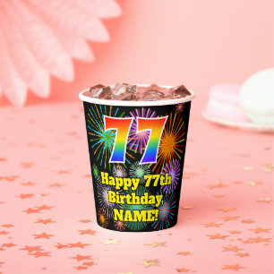 Gobelets En Papier 77ème anniversaire : Fun Fireworks Motif + Rainbow