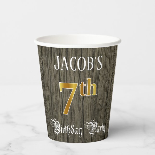 Gobelets En Papier 7e fête d'anniversaire — Faux Gold & Faux Wood Loo (Verso)