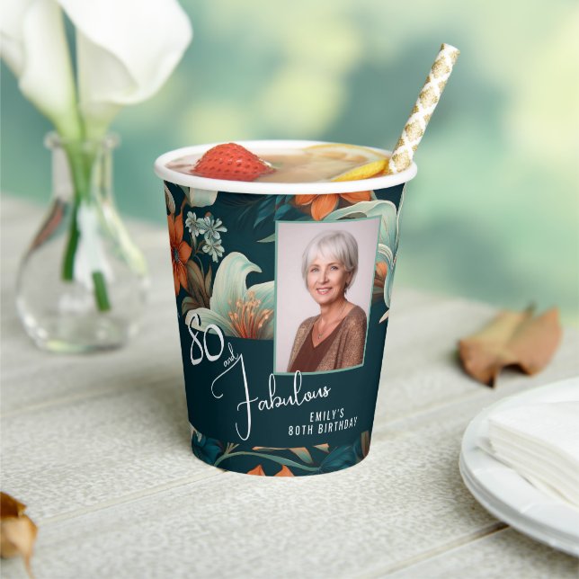 Gobelets En Papier 80 et fabuleux Motif Flower Photo Anniversaire (Insitu)