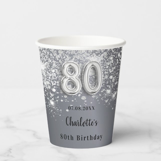 Gobelets En Papier 80e anniversaire argent parties scintillant nom mo (Verso)
