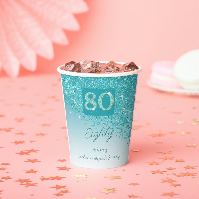 Gobelets En Papier 80e anniversaire Classy Falling Turquoise Blue Par (Insitu)