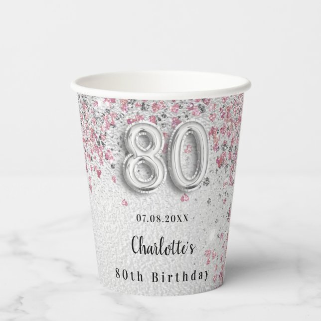 Gobelets En Papier 80e anniversaire parties scintillant rose argent (Verso)