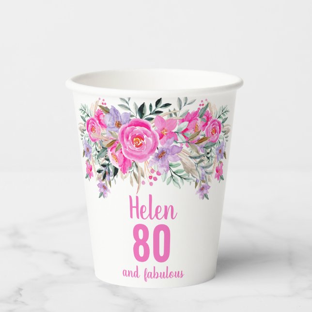 Gobelets En Papier 80e anniversaire tasses de papier à fleurs rose (Recto)