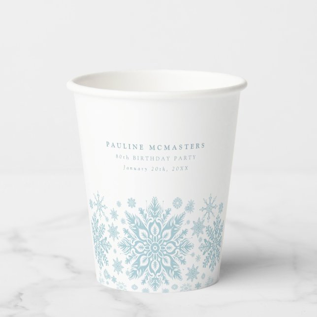 Gobelets En Papier 80e fête d'anniversaire Blue White Snowflake Custo (Recto)