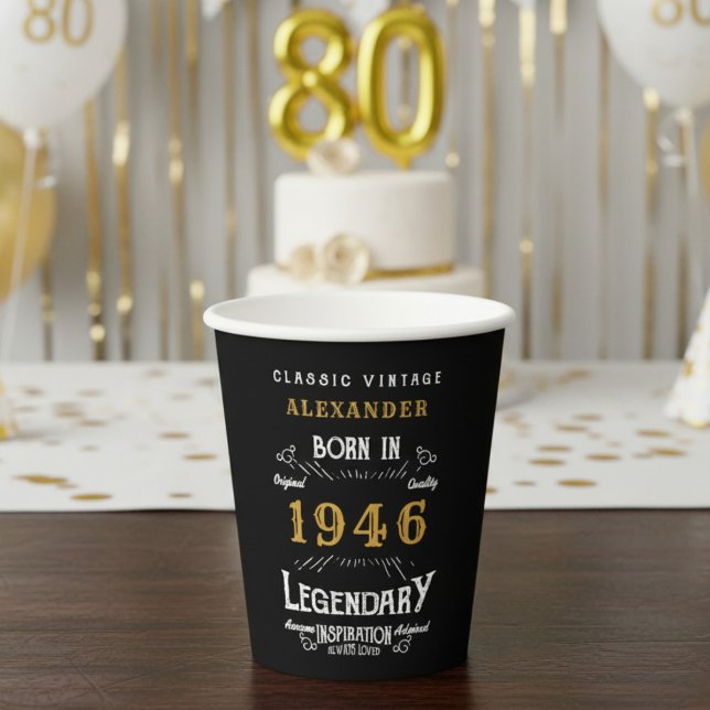 Gobelets En Papier 80th Birthday 1946 Legendary Retro (1946 birthday black paper cup on a table.)