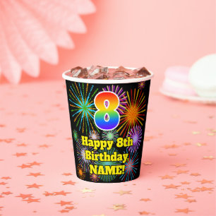 Gobelets En Papier 8e anniversaire : Fun Motif Fireworks + Rainbow 8