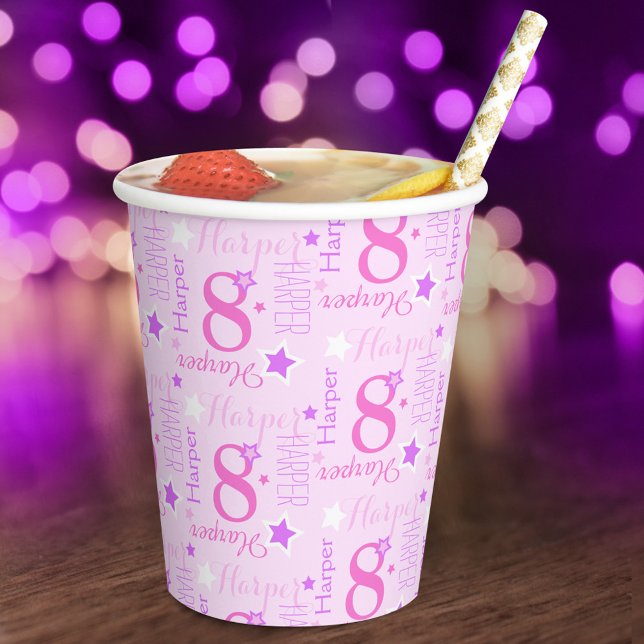 Gobelets En Papier 8e anniversaire star sur mesure rose violet enfant (Créateur téléchargé)