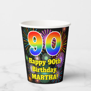 Gobelets En Papier 90e anniversaire : Fun Motif Fireworks + Rainbow 9