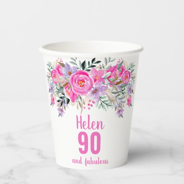 Gobelets En Papier 90e anniversaire rose floral (Recto)