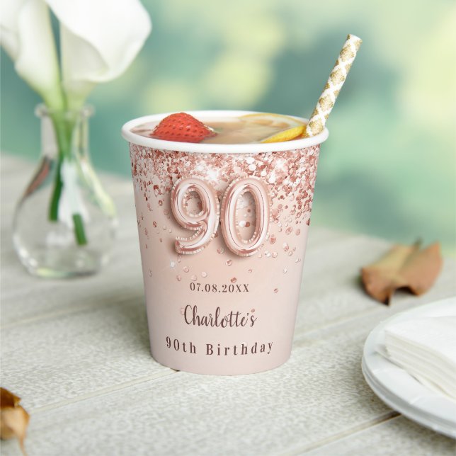 Gobelets En Papier 90e anniversaire rose or parties scintillant nom m (Insitu)