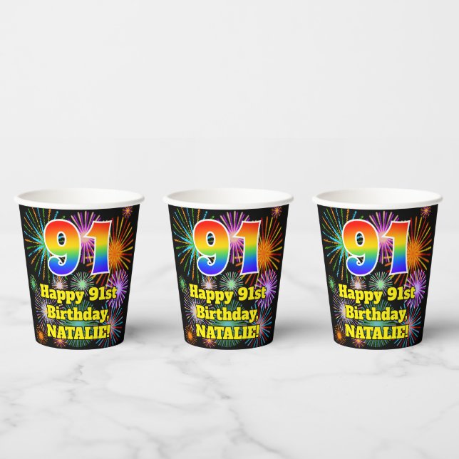 Gobelets En Papier 91e anniversaire : Fun Motif Fireworks + Rainbow 9 (Multi)