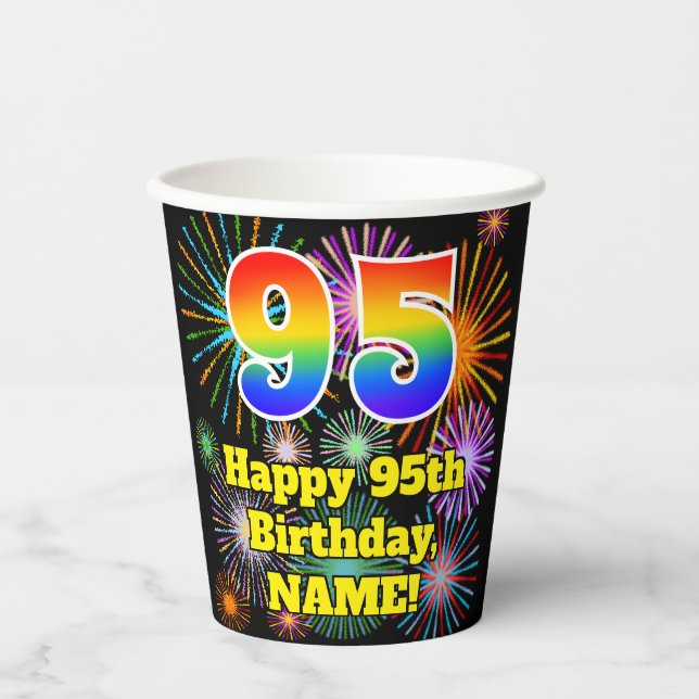 Gobelets En Papier 95e anniversaire : Fun Fireworks Motif + Rainbow 9 (Recto)